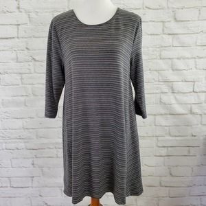 Garnet Hill French Terry Dress Women Size L Large Gray White Stripe Soft Comfort
